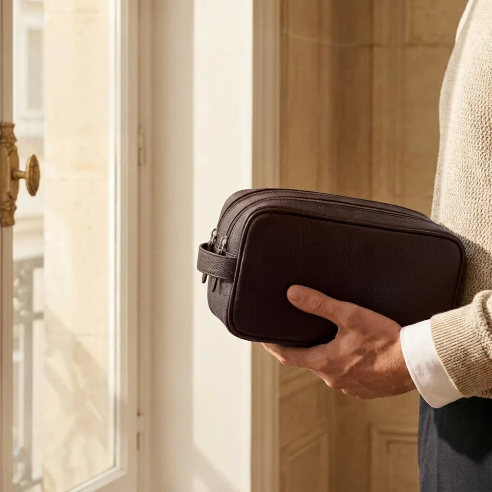 The Orneli toiletry bag held beside a sunlit window
