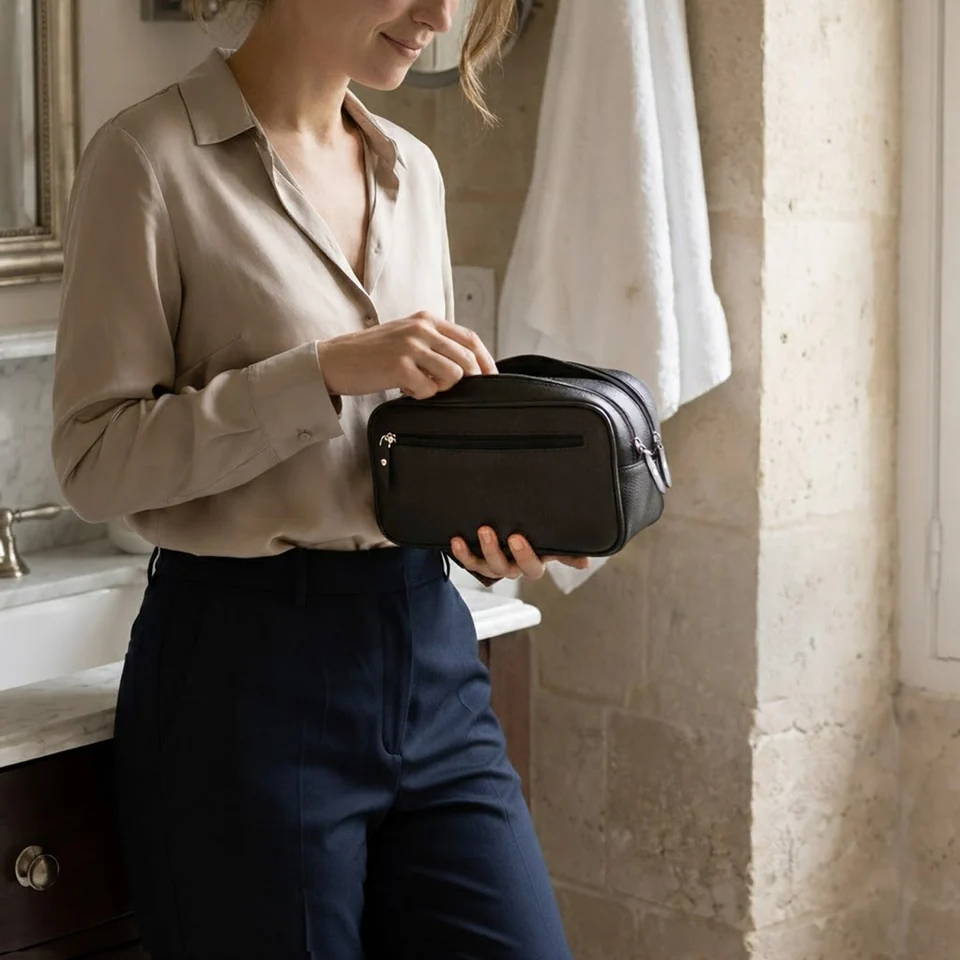 A woman holding the Orneli toiletry bag in a softly lit bathroom