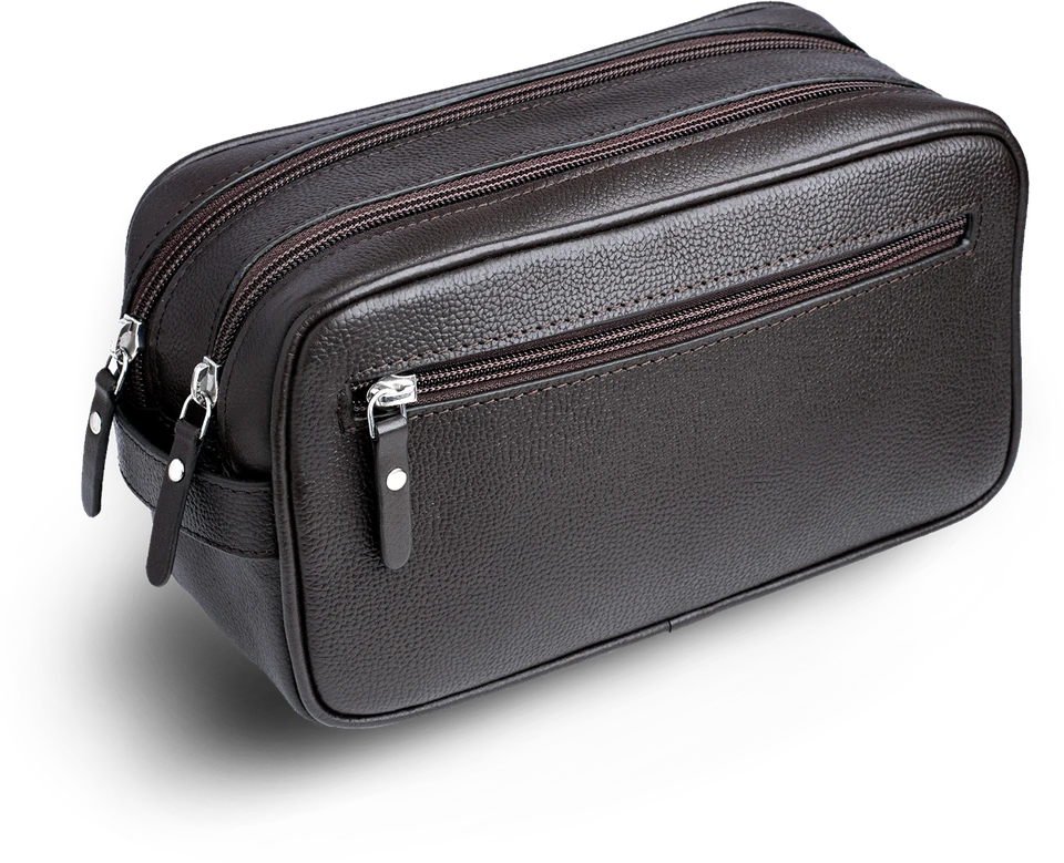 Orneli deep-brown leather toiletry bag, photographed from the front at a three-quarter angle