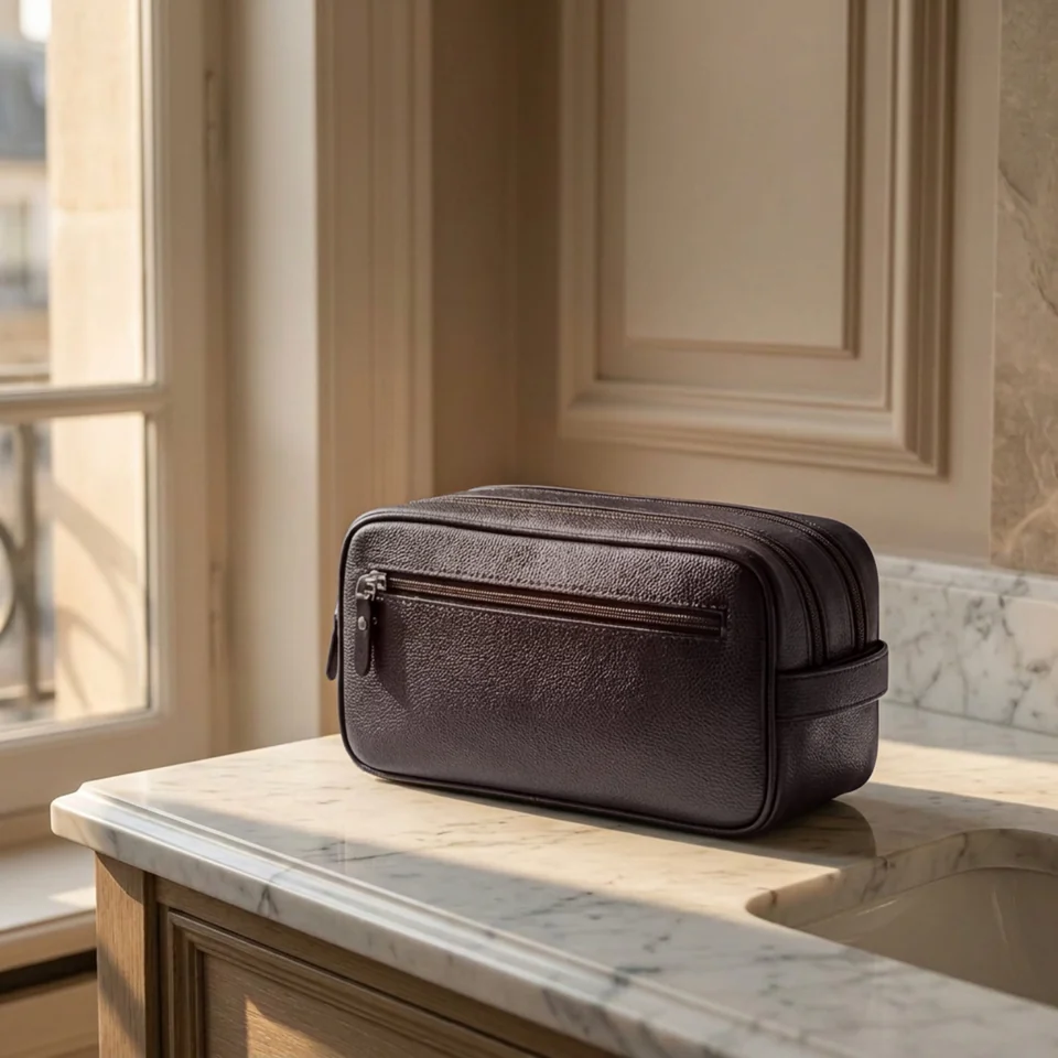 Orneli leather toiletry bag on a marble counter in warm natural light